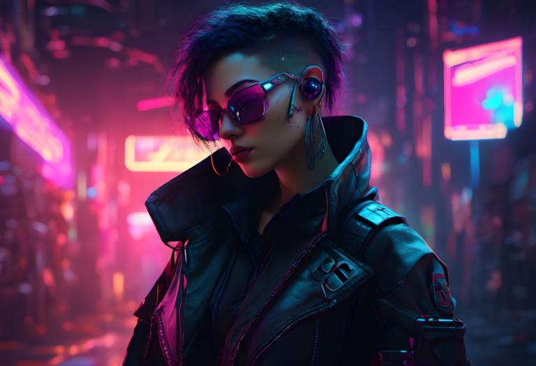 Cyberpunk,Cyberpunk, Mọi người, đàn bà, 1 cô gái, đèn neon, đấu, áo khoác, cyberpunk, tóc ngắn, kính râm