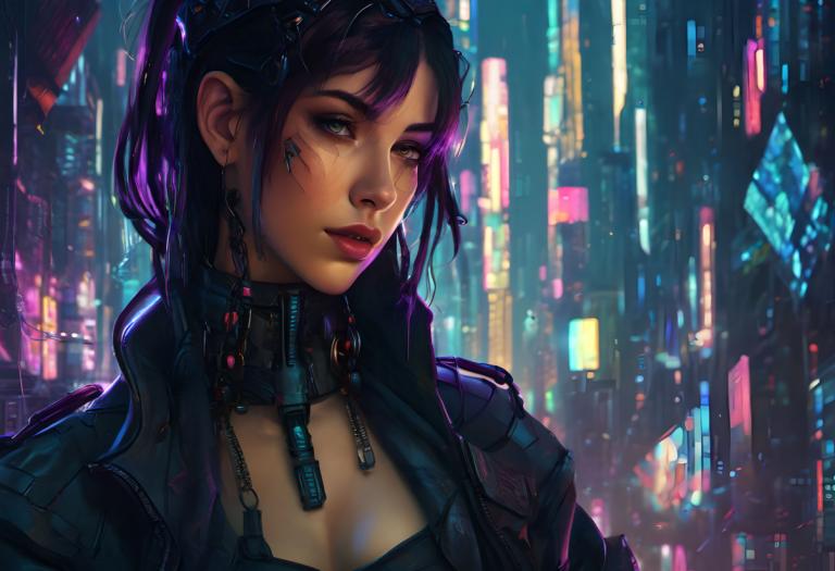 Cyberpunk,Cyberpunk, Lidé, žena, 1 dívka, kyberpunk, sólo, realistický, Bunda, rty, neonová světla