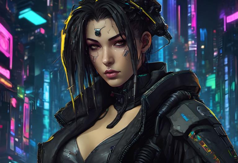 Cyberpunk,Cyberpunk, Menschen, Frau, 1Mädchen, Cyberpunk, Solo, schwarzes Haar, Brüste, braune Augen