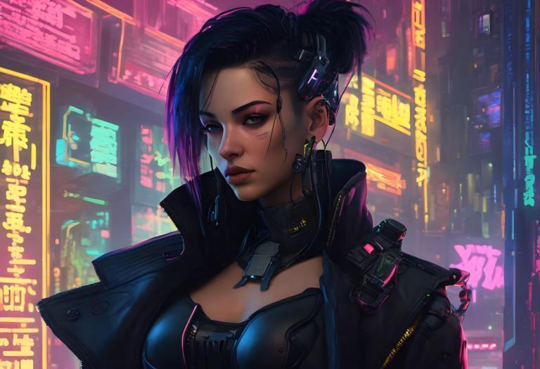 Cyberpunk,Cyberpunk, Menschen, Frau, Cyberpunk, 1Mädchen, Neonlichter, Solo, schwarzes Haar, Ohrringe, Cyborg