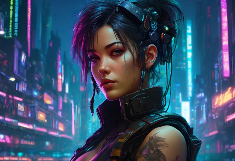 Cyberpunk,Cyberpunk, Ανθρωποι, γυναίκα, 1 κορίτσι, κυβερνοπάνκ, μονοφωνία, τατουάζ, ρεαλιστικός, μαύρα μαλλιά