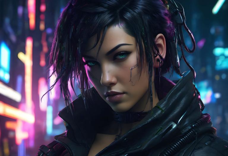 Cyberpunk,Cyberpunk, Persone, donna, 1 ragazza, cyberpunk, assolo, offuscato, luci al neon, sfondo sfocato