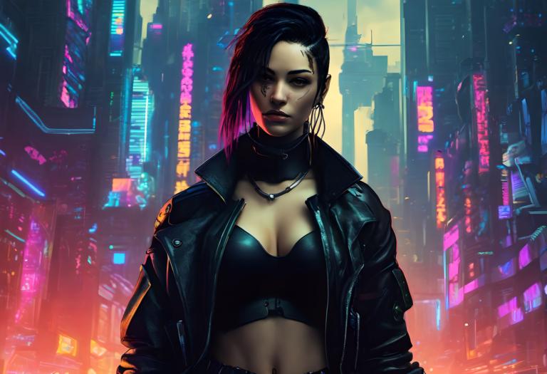 Cyberpunk,Cyberpunk, People, woman, cyberpunk, 1girl, breasts, jacket, neon lights, open clothes, open jacket