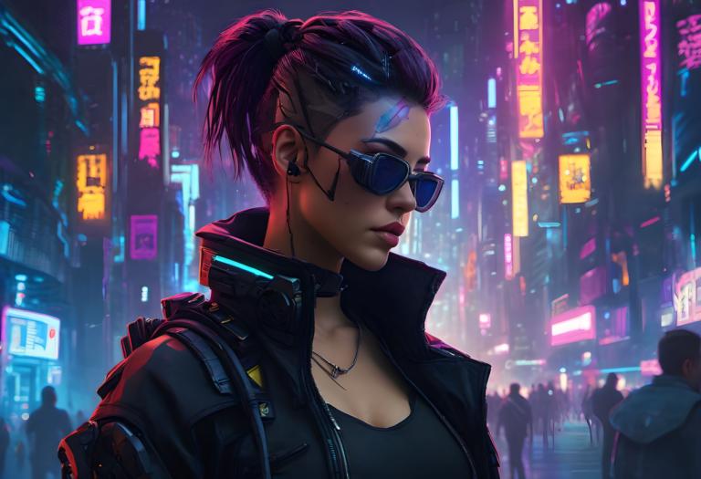 Cyberpunk,Cyberpunk, Mennesker, kvinne, 1 jente, neon lys, cyberpunk, smykker, solo fokus, solbriller, jakke