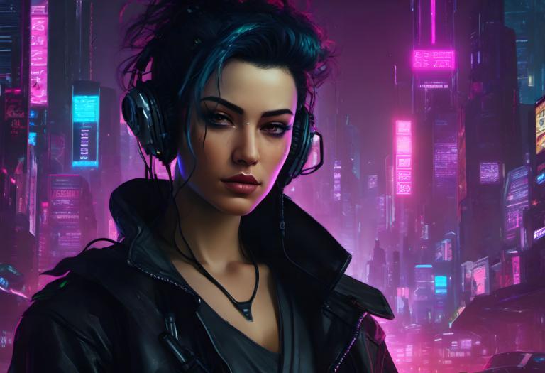 Cyberpunk,Cyberpunk, människor, kvinna, 1 tjej, solo, neonljus, halsband, Smycken, cyberpunk, hörlurar, jacka