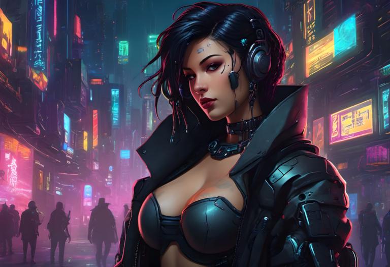 Cyberpunk,Cyberpunk, Lidé, žena, kyberpunk, prsa, 1 dívka, kyborg, sólové zaměření, výstřih, neonová světla