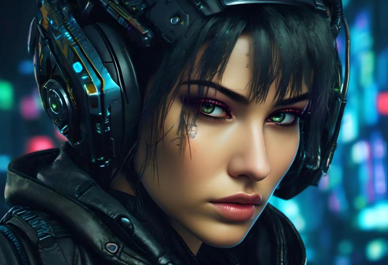 Cyberpunk,Cyberpunk, Personnes, femme, 1fille, solo, cyberpunk, yeux verts, cheveux noirs, arrière-plan flou