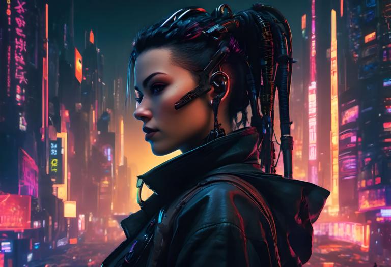 Cyberpunk,Cyberpunk, Oameni, femeie, 1 fata, solo, lumini de neon, din lateral, sacou, brunet, coadă de cal