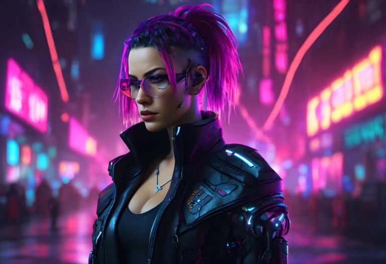 Cyberpunk,Cyberpunk, People, woman, 1girl, neon lights, cyberpunk, jacket, breasts, jewelry, ponytail