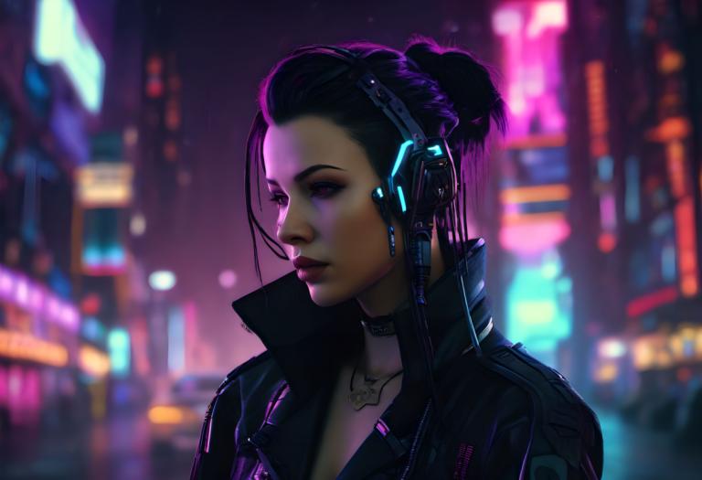 Cyberpunk,Cyberpunk, People, woman, 1girl, solo, cyberpunk, neon lights, single hair bun, hair bun, blurry