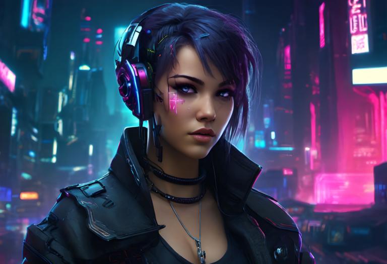 Cyberpunk,Cyberpunk, Oameni, femeie, 1 fata, cyberpunk, solo, Bijuterii, lumini de neon, par scurt, colier