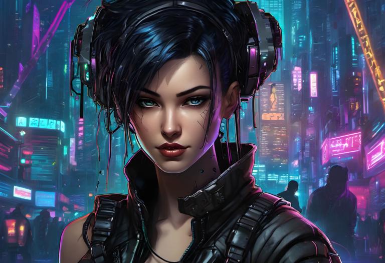 Cyberpunk,Cyberpunk, människor, kvinna, cyberpunk, neonljus, 1 tjej, solo fokus, Science fiction, svart hår