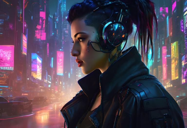 Cyberpunk,Cyberpunk, människor, kvinna, 1 tjej, cyberpunk, neonljus, jacka, solo, hästsvans, hörlurar