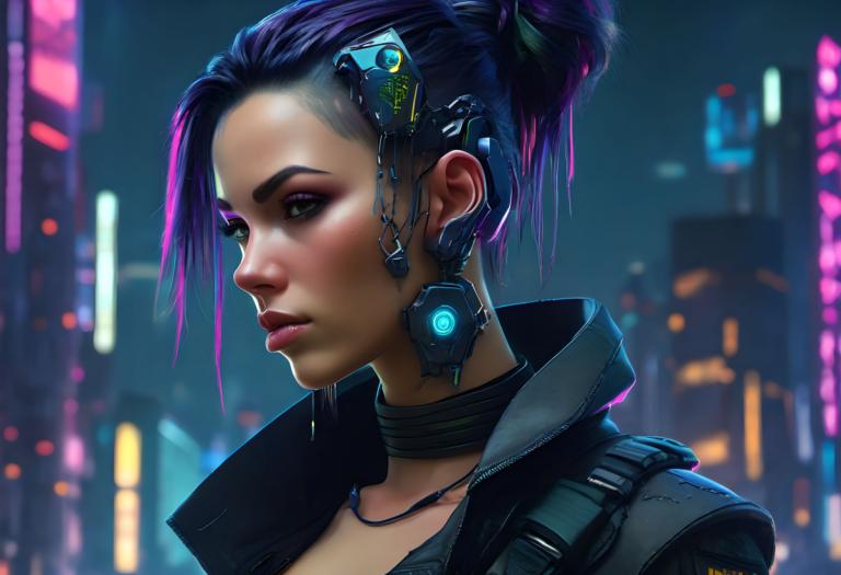 Cyberpunk,Cyberpunk, Rakyat, wanita, 1 gadis, solo, cyberpunk, realistis, hidung, rambut ungu, bibir