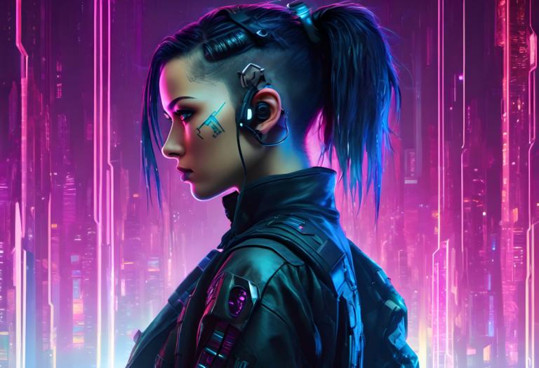 Cyberpunk,Cyberpunk, Menschen, Frau, 1Mädchen, Solo, Cyberpunk, Pferdeschwanz, Profil, Von der Seite