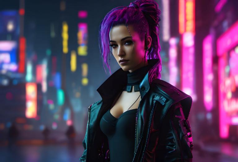 Cyberpunk,Cyberpunk, Lidé, žena, 1 dívka, prsa, Bunda, sólo, kyberpunk, neonová světla, rozmazané pozadí