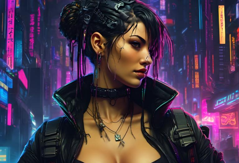 Cyberpunk,Cyberpunk, Ihmiset, nainen, 1 tyttö, kyberpunk, Neon-valot, korut, yksin, rinnat, pilkkominen