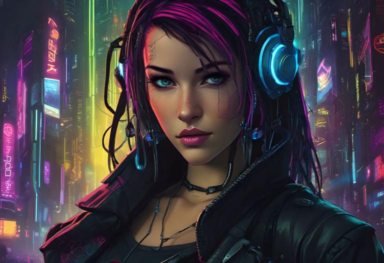 Cyberpunk,Cyberpunk, Lidé, žena, 1 dívka, kyberpunk, sólo, neonová světla, šperky, sluchátka, realistický