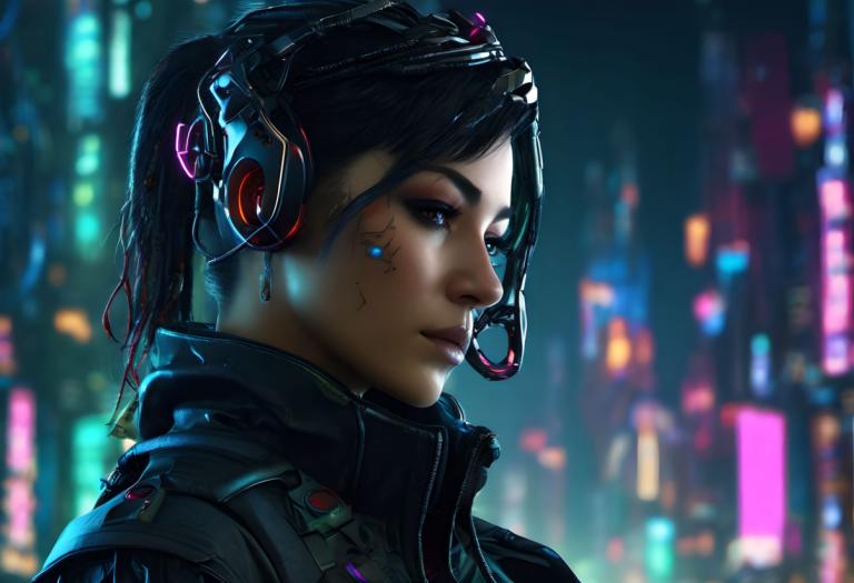 Cyberpunk,Cyberpunk, Rakyat, wanita, 1 gadis, solo, cyberpunk, rambut hitam, realistis, buram