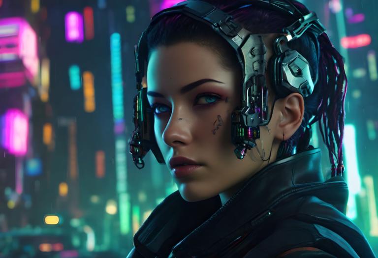 Cyberpunk,Cyberpunk, Menschen, Frau, 1Mädchen, Cyberpunk, Solo, verschwommen, Blick auf den Betrachter