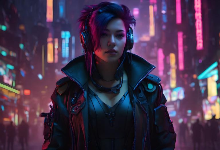 Cyberpunk,Cyberpunk, Rakyat, wanita, 1 gadis, cyberpunk, jaket, lampu neon, perhiasan, solo, headphone