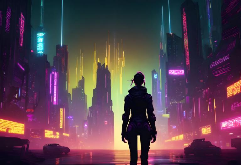 Cyberpunk,Cyberpunk, Ανθρωποι, γυναίκα, κυβερνοπάνκ, φώτα νέον, 1 κορίτσι, πόλη, από πίσω, μονοφωνία