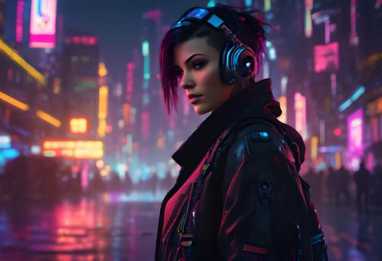 Cyberpunk,Cyberpunk, Ljudje, ženska, 1 dekle, solo, slušalke, jakna, zamegljen, kratki lasje, neonske luči