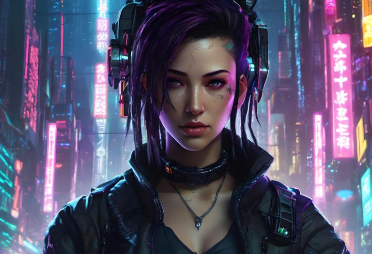 Cyberpunk,Cyberpunk, människor, kvinna, cyberpunk, 1 tjej, solo, realistisk, Smycken, lila hår, neonljus