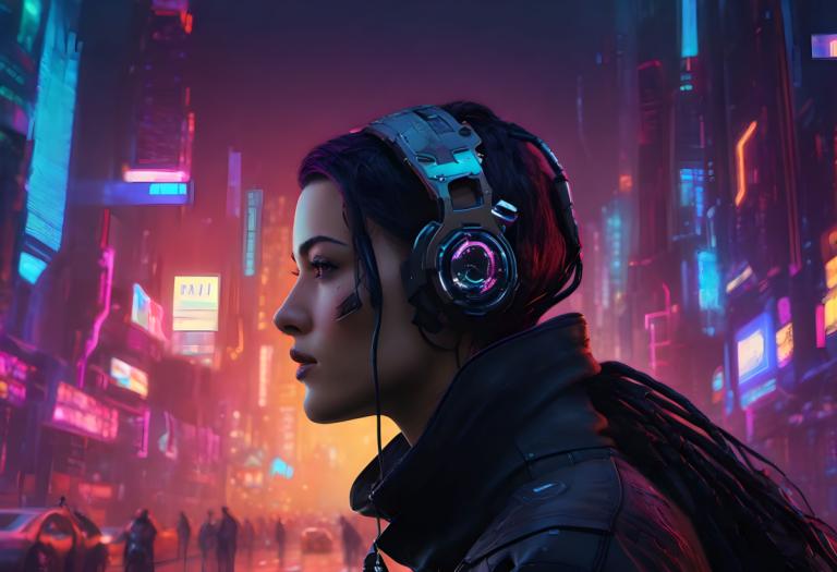 Cyberpunk,Cyberpunk, Lidé, žena, 1 dívka, neonová světla, kyberpunk, dlouhé vlasy, sluchátka, město, profil