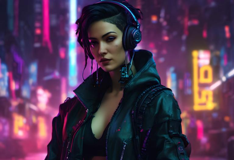 Cyberpunk,Cyberpunk, människor, kvinna, 1 tjej, cyberpunk, solo, jacka, neonljus, hörlurar, svart hår, bröst