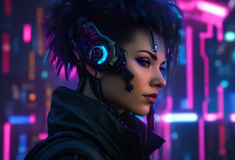 Cyberpunk,Cyberpunk, människor, kvinna, 1 tjej, solo, cyberpunk, neonljus, näsa, svart hår, suddigt