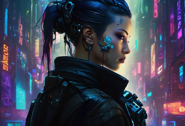 Cyberpunk,Cyberpunk, människor, kvinna, 1 tjej, cyberpunk, solo, neonljus, hologram, Science fiction, cyborg