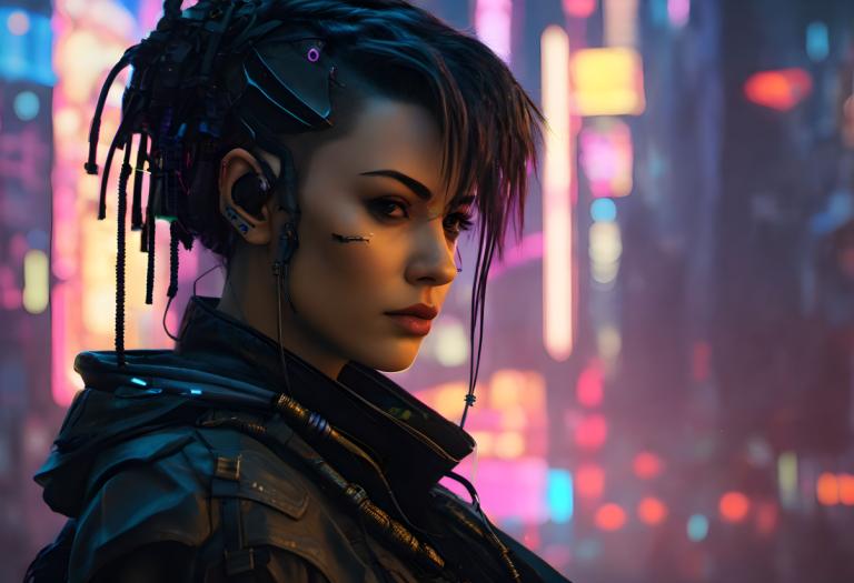 Cyberpunk,Cyberpunk, Lidé, žena, 1 dívka, kyberpunk, sólo, neonová světla, rozmazané, rozmazané pozadí