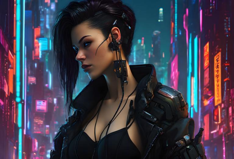 Cyberpunk,Cyberpunk, Lidé, žena, 1 dívka, kyberpunk, sólo, modré oči, černé vlasy, sluchátka, Bunda, kyborg