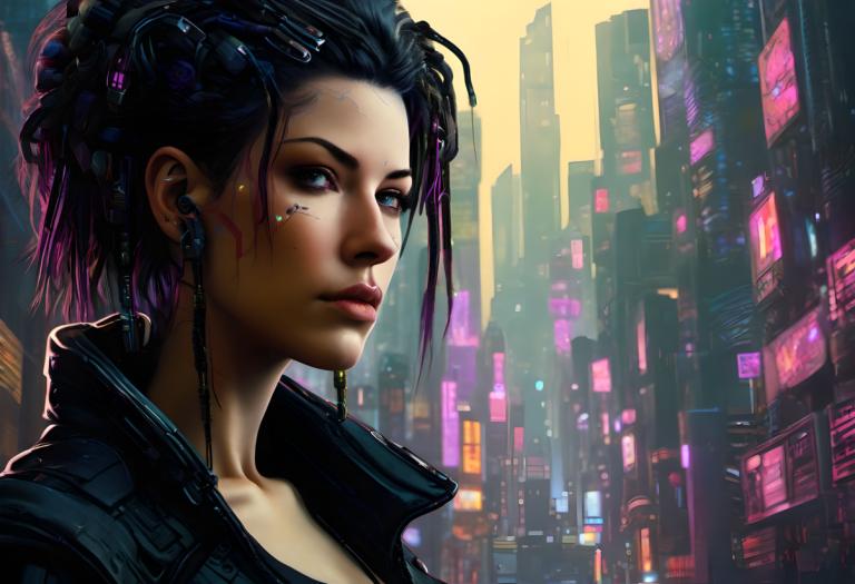 Cyberpunk,Cyberpunk, Lidé, žena, 1 dívka, kyberpunk, sólo, realistický, černé vlasy, město, Bunda, rty