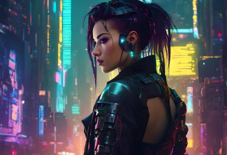 Cyberpunk,Cyberpunk, Ανθρωποι, γυναίκα, 1 κορίτσι, μονοφωνία, κυβερνοπάνκ, φώτα νέον, μωβ μαλλιά, αλογοουρά