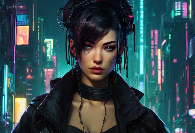 Cyberpunk,Cyberpunk, Ανθρωποι, γυναίκα, 1 κορίτσι, κυβερνοπάνκ, μονοφωνία, κότσος, μαύρα μαλλιά, φώτα νέον