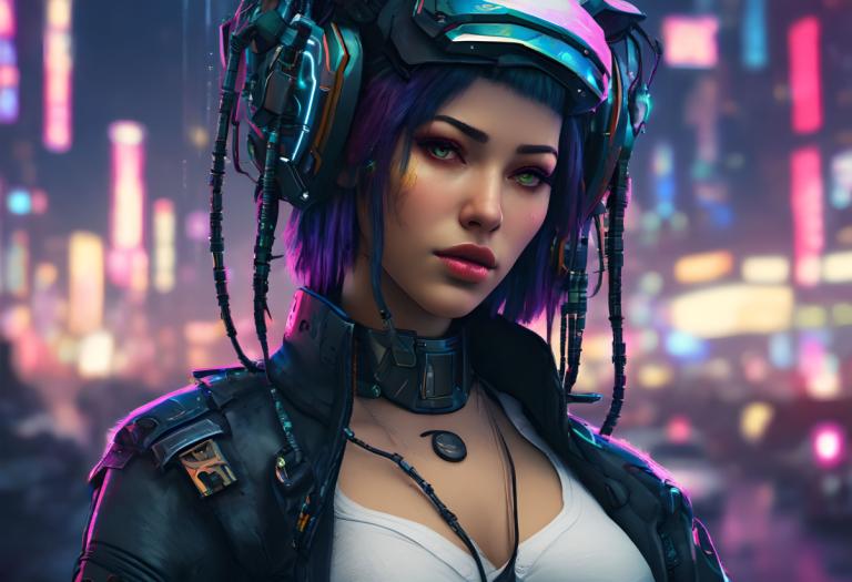 Cyberpunk,Cyberpunk, People, woman, 1girl, solo, breasts, jacket, green eyes, purple hair, blurry background