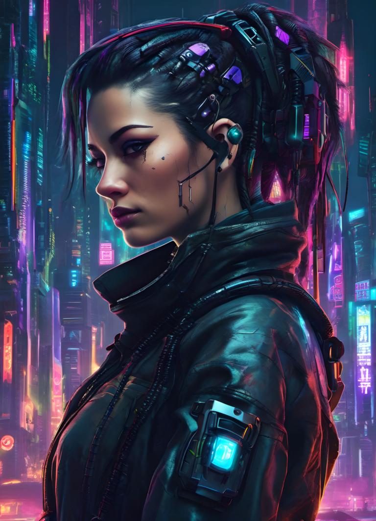 Cyberpunk,Cyberpunk, Oameni, femeie, 1 fata, cyberpunk, solo, lumini de neon, brunet, sacou, cârtiță