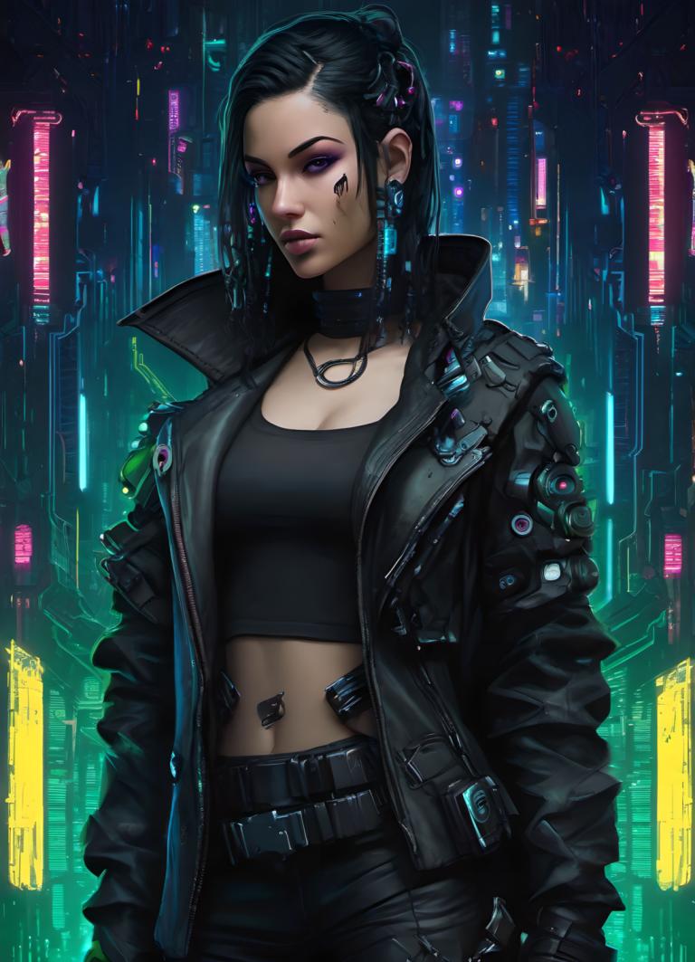 Cyberpunk,Cyberpunk, Ljudje, ženska, 1 dekle, cyberpunk, solo, jakna, Črni lasje, prsi, pas, nakit, hlače