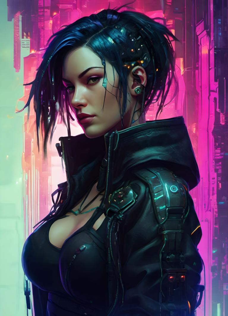 Cyberpunk,Cyberpunk, People, woman, 1girl, cyberpunk, solo, breasts, jacket, cleavage, jewelry, upper body