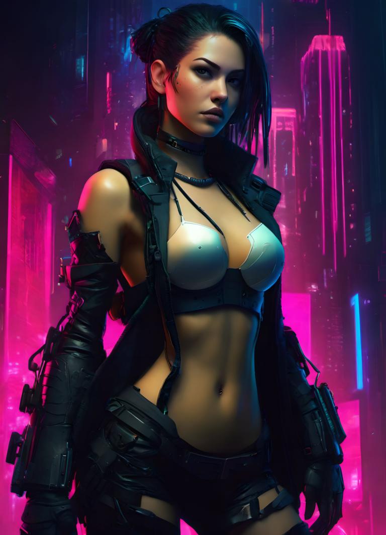 Cyberpunk,Cyberpunk, Mensen, vrouw, 1meisje, solo, borsten, cyberpunk, navel, handschoenen, inkijk, zwempak