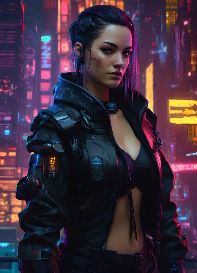 Cyberpunk,Cyberpunk, People, woman, 1girl, cyberpunk, solo, breasts, neon lights, jacket, open clothes, navel