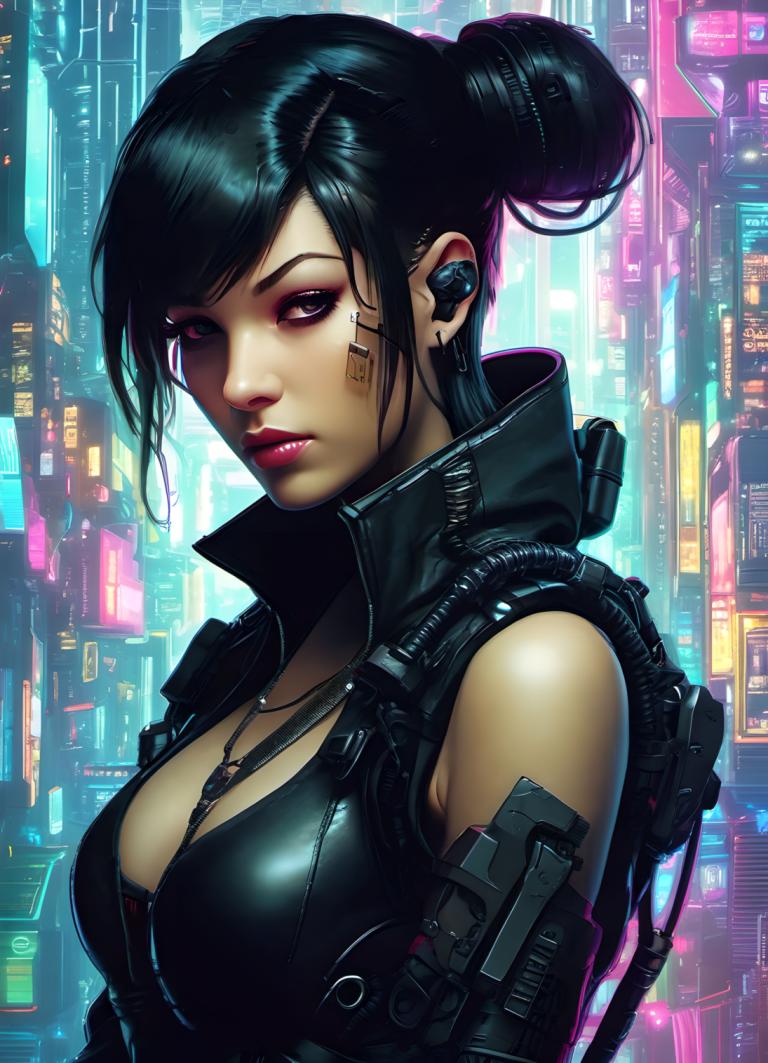 Cyberpunk,Cyberpunk, People, woman, 1girl, solo, breasts, cyberpunk, hair bun, black hair, jewelry