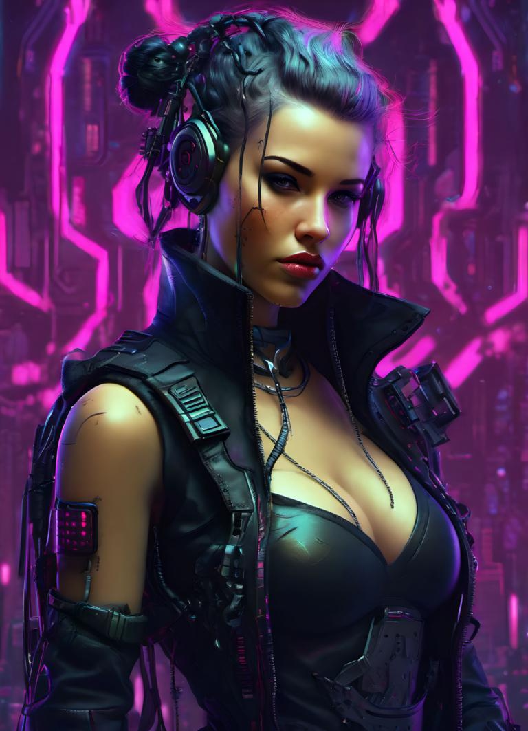 Cyberpunk,Cyberpunk, People, woman, 1girl, breasts, cyberpunk, solo, cleavage, hair bun, cable