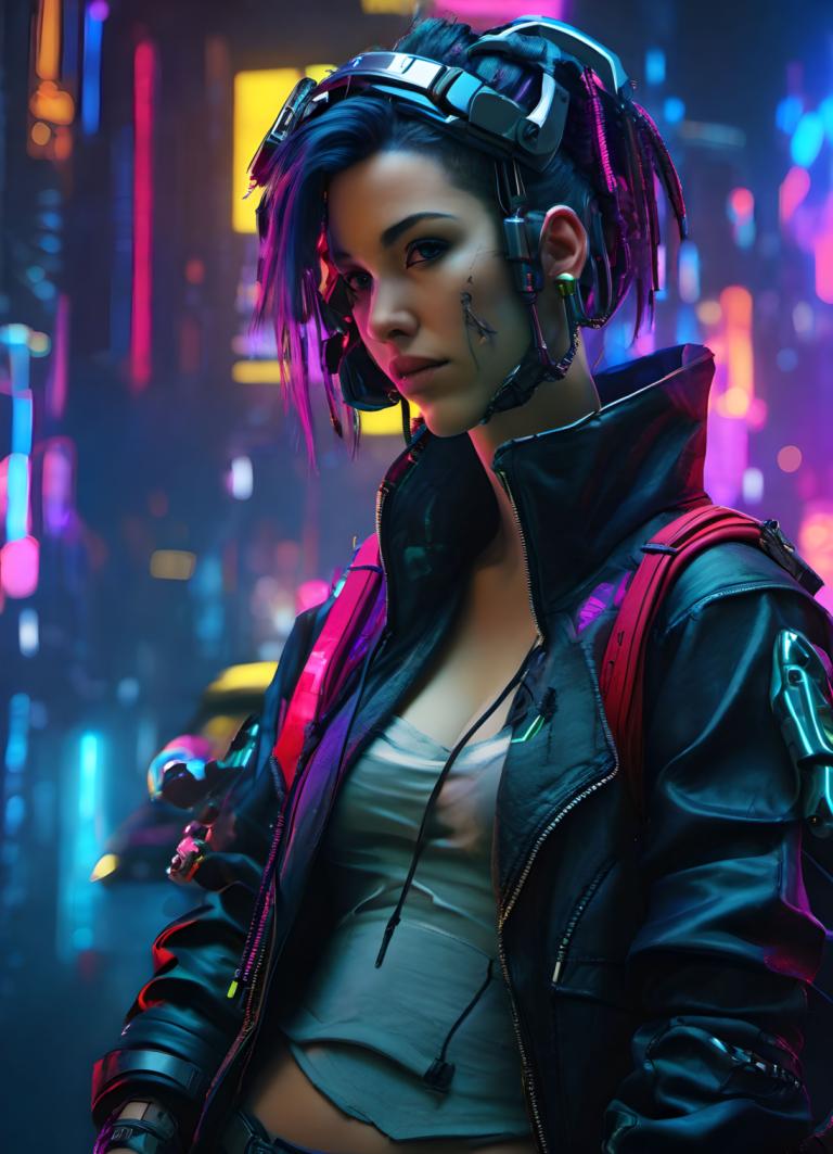 Cyberpunk,Cyberpunk, Mensen, vrouw, 1meisje, solo, jasje, cyberpunk, open jas, open kleren, neus, kort haar