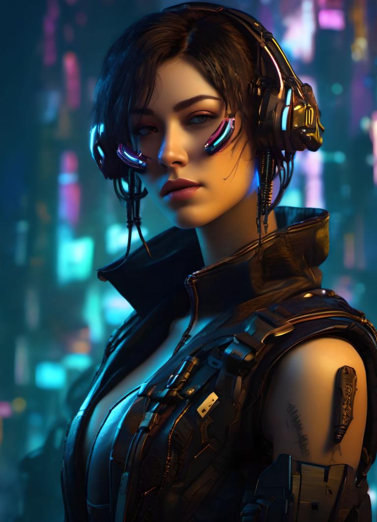 Cyberpunk,Cyberpunk, Mensen, vrouw, 1meisje, solo, bruin haar, kort haar, cyberpunk, blauwe ogen