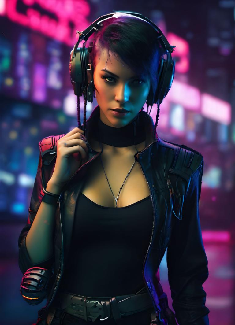 Cyberpunk,Cyberpunk, People, woman, 1girl, solo, jewelry, jacket, short hair, breasts, belt, headphones