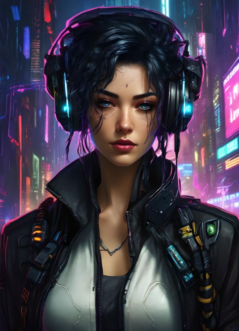 Cyberpunk,Cyberpunk, Mensen, vrouw, 1meisje, solo, cyberpunk, jasje, blauwe ogen, zwart haar, halsketting