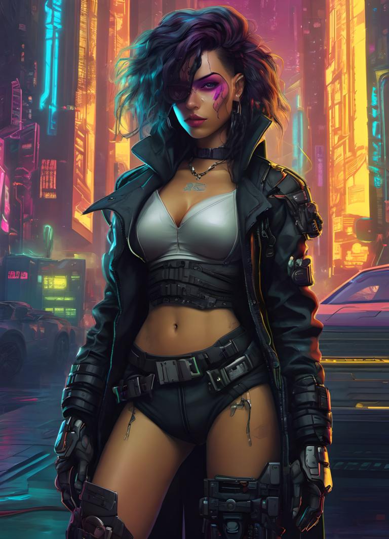 Cyberpunk,Cyberpunk, People, woman, cyberpunk, 1girl, breasts, navel, shorts, solo, car, midriff, jewelry